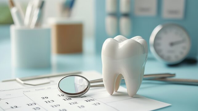 A reminder calendar for a dental visit, featuring a dental appointment check. The calendar includes a tooth and dental mirror on a blue background, with space for text.