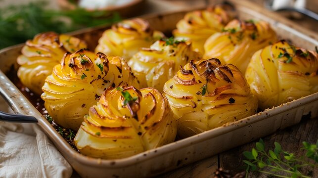 Close-up of baked Duchesse potatoes in a baking tray on the table. Mashed potatoes with egg yolk and butter, which are squeezed from a pastry bag or hand formed into various shapes