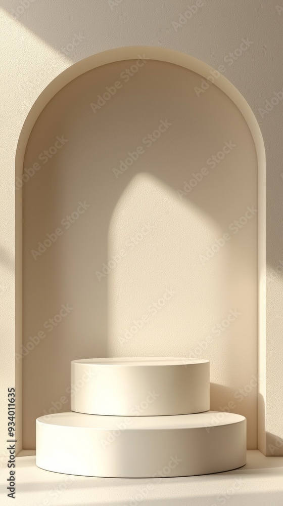 Aufkleber Soft light casts gentle shadows over intricately layered white forms, creating a tranquil atmosphere within a modern architectural setting