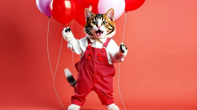 Birthday dancing cat, portrait of happy smiling cat in yellow costume and hat on red background with air balloons, birthday, anniversary kitty