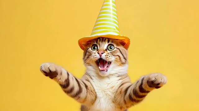 Birthday dancing cat, portrait of happy smiling cat in  costume and hat on yellow background with air balloons, birthday, anniversary kitty