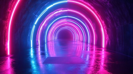 Naklejka premium A 3D abstract background featuring neon lights and a neon tunnel, with a space-like construction.