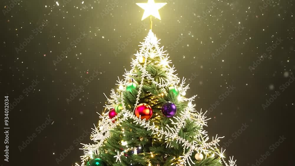 Poster decorated christmas tree with a bright star on top is standing in front of a black background with s