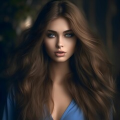 Fototapeta premium Woman with long, flowing hair gazes directly at the camera in a dimly lit, natural setting with soft background elements