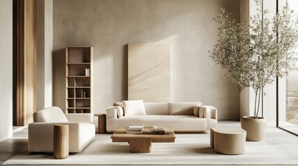 Modern Living Room with Beige Sofa and Wooden Accents