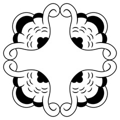 Square cross shape frame with stylized flower. Abstract geometrical decorative element. Old Russian folk style. Black and white silhouette.