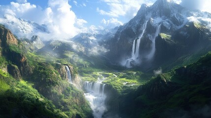 Majestic Waterfalls Cascading Through a Lush Mountain Valley