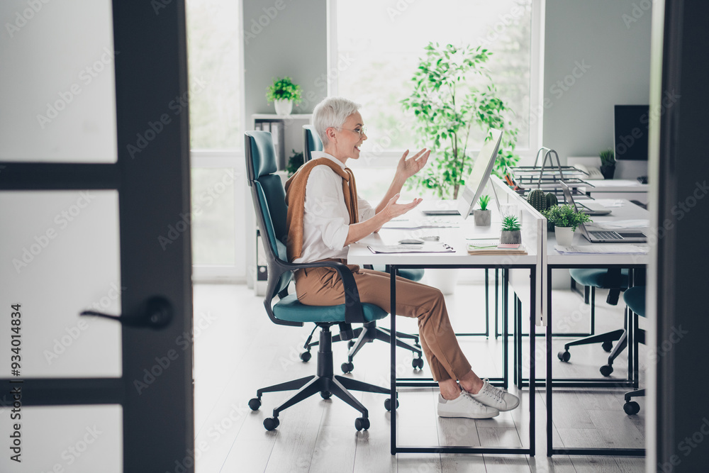 Canvas Prints full length photo of lovely senior lady talking video call sit table wear formalwear coworking succe