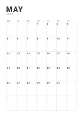 Template design of Monthly Calendar on May 2025. Vector layout grid of calendar with week start Monday. Page for size A4 -21x29.7 cm.