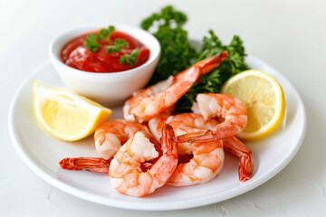 Chilled shrimp with cocktail sauce and lemon wedges