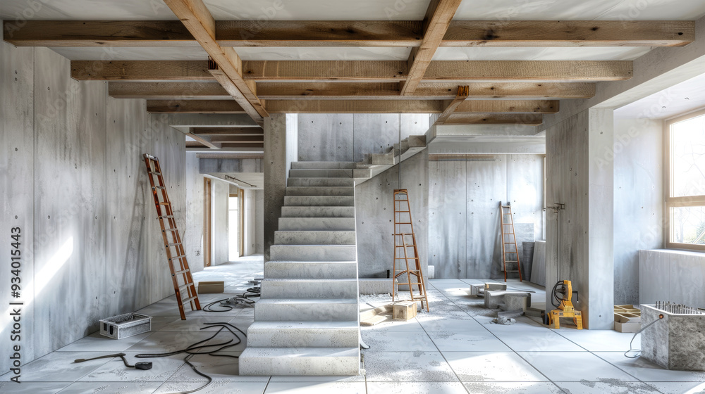 Poster bright daylight fills the open space as skilled workers continue adding a staircase with wooden beam