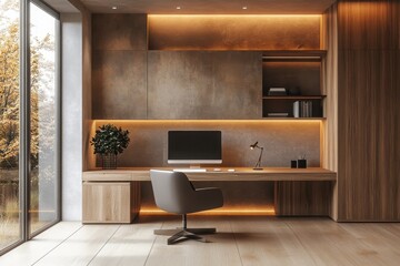 Serene Minimalist Workspace, an organized office featuring natural wood accents, calming Zen decor, and a clutter-free design that promotes focus and tranquility.