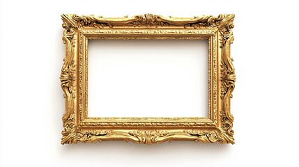 An antique gold-brown classic vintage wooden rectangle canvas frame isolated on white. The mockup features a blank and versatile molding baguette, ideal for paintings, mirrors, or photos.
