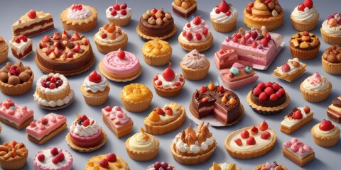 A set of cakes and tarts in a variety fruit desserts.