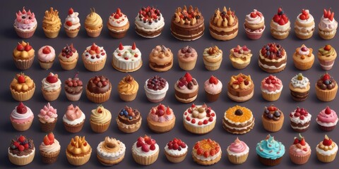 Fototapeta premium A set of cakes and tarts in a variety fruit desserts.