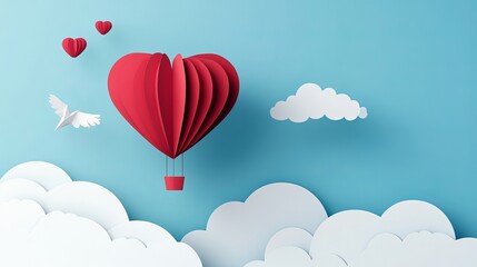 Fototapeta premium A heart-shaped origami hot air balloon floating in a blue sky, created in a paper art style.