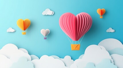 Fototapeta premium A heart-shaped origami hot air balloon floating in a blue sky, created in a paper art style.