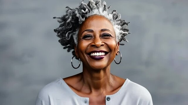 Beautiful elegant mature grey haired middle aged african American woman with perfect skin and smile , with dreadlocks on head on grey background