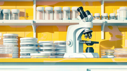 A detailed perspective view showcases a microscope on shelves with numerous petri dishes, highlighting a vibrant and scientific research environment