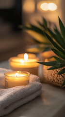 A warm, tranquil still-life of a lit candle in a glass holder, placed on white towel. Calm and natural ambiance. Mood is serene, cozy, and perfect for relaxation or self-care