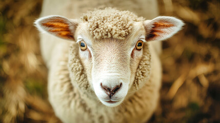 Obraz premium A close-up of a playful lamb with bright eyes captures the essence of joy and curiosity in a tranquil natural environment