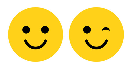Smile and wink or eye blink face emoji set in yellow and black color. Winking Face. Eye wink emoji, funny yellow emoticon with smile. Smile icon vector.