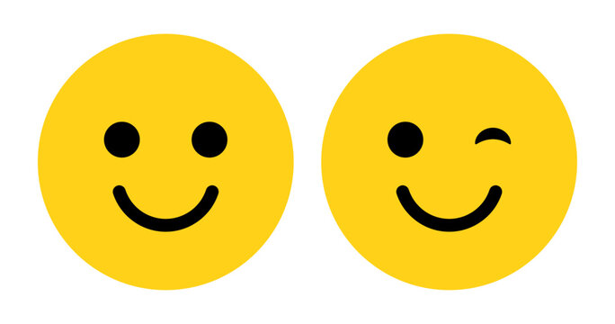 Naklejki Smile and wink or eye blink face emoji set in yellow and black color. Winking Face. Eye wink emoji, funny yellow emoticon with smile. Smile icon vector.