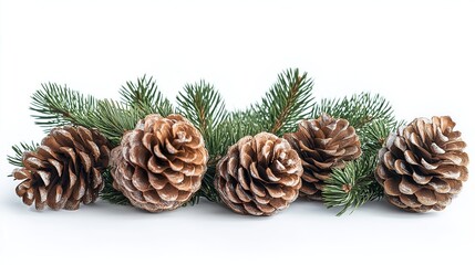 top view of pine cones and branches on white background, Christmas and winter seasonal frame background