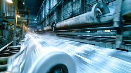 Newspaper rolls and printed pages race through a dynamic printing press, showcasing the intense motion and energy of the printing process