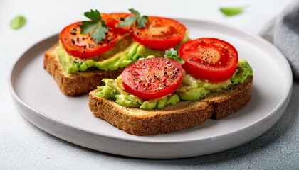 Vegan sandwich with avocado and tomatoes. Diet food. Copy Space