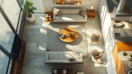 A Modern Living Room with Two Couches, A Round Coffee Table, and A Plant