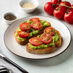 Vegan sandwich with avocado and tomatoes. Diet food. Copy Space