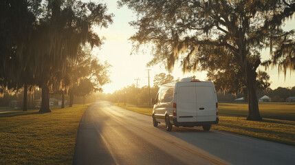 Obraz premium running footage of a Work van in Florida driving down the road.