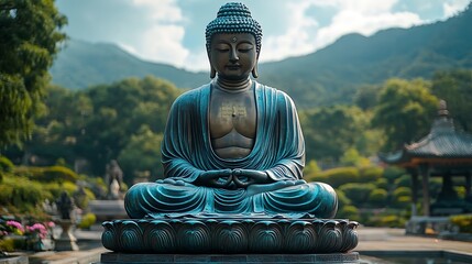 Fototapeta premium A serene bronze Buddha statue sits in a lotus position amidst a lush garden, with mountains in the background.
