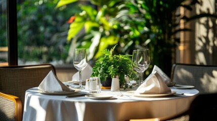 A sophisticated dining scene showcasing a round table with stylish chairs, a lush potted plant as the centerpiece, and a serene ambiance exuding quiet luxury in a warmly lit restaurant interior.