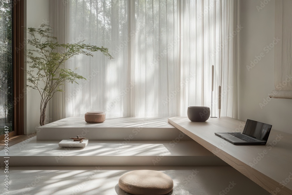 Poster serene minimalist workspace, a tranquil environment featuring sleek design, abundant natural element