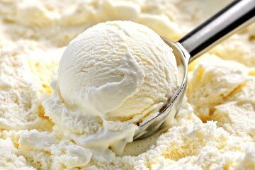 Creamy vanilla ice cream scoop served from a tub during a summer afternoon
