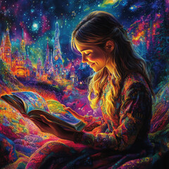 Young Girl Immersed in a Book with a Dreamy, Colorful Background