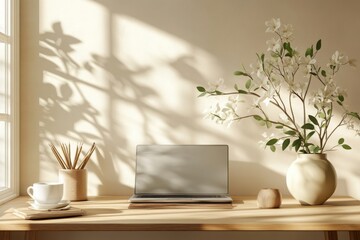 Serene Minimalist Workspace, a tranquil office space featuring clean lines, soothing colors, uncluttered surfaces, and intentional decor promoting focus and relaxation