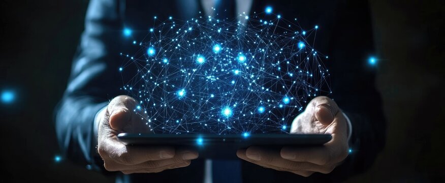 Global internet network connection, global business, internet of thing concept. Business man using digital tablet, social networking, digital marketing, internet technology, futuristic tech background