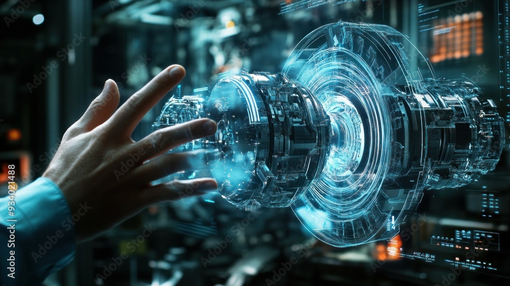 Poster Hand Interacting with Holographic 3D Model of a Mechanical Part