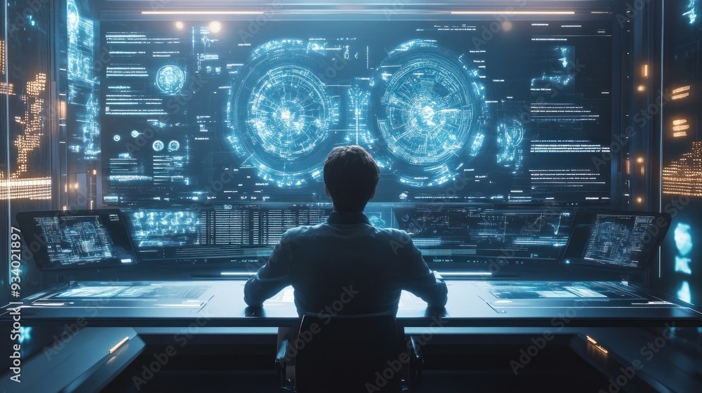 Aufkleber A Person Analyzing Data on Multiple Screens in a Futuristic Setting