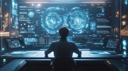 A Person Analyzing Data on Multiple Screens in a Futuristic Setting
