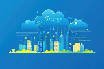 Obraz premium Futuristic cityscape with security locks and data flow emanating from clouds