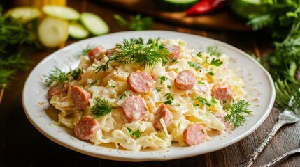 The national cuisine of Germany: Cabbage salad with smoked sausage. 