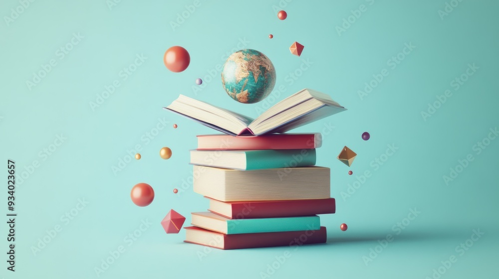 Poster open book with globe and floating geometric shapes
