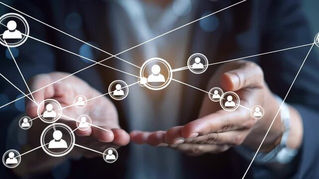 Global social network connection concept, man hands with Connecting people icon link on the internet