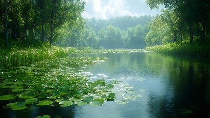 Fototapeta premium A serene river flows through a lush, green forest, sunlight filtering through the trees and reflecting on the water surface.