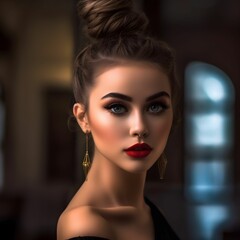 Young woman with elegant hairstyle and bold makeup posing indoors with soft lighting