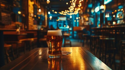  A cozy evening pub interior featuring a wooden table with a glass of beer, warm ambient lighting, rustic decor, and a welcoming bar atmosphere perfect for social gatherings.